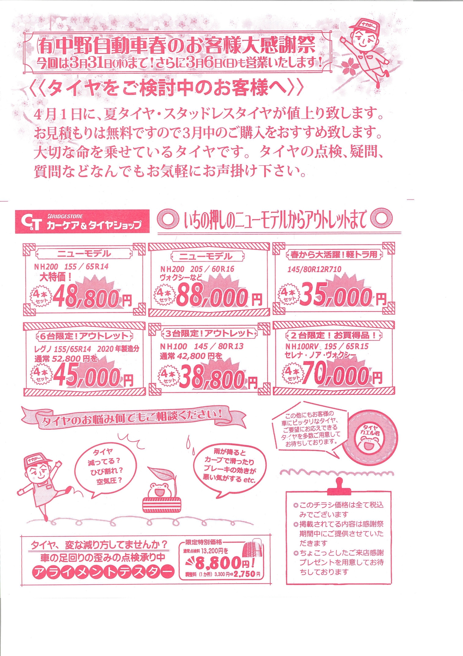 軽キャンピングカーちょいCamを展示している中野自動車商会のタイヤ紹介