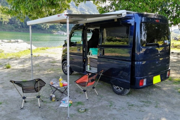 サイドオーニングを付けて、美濃田の淵キャンプ場は無料でオートキャンプ（徳島県）